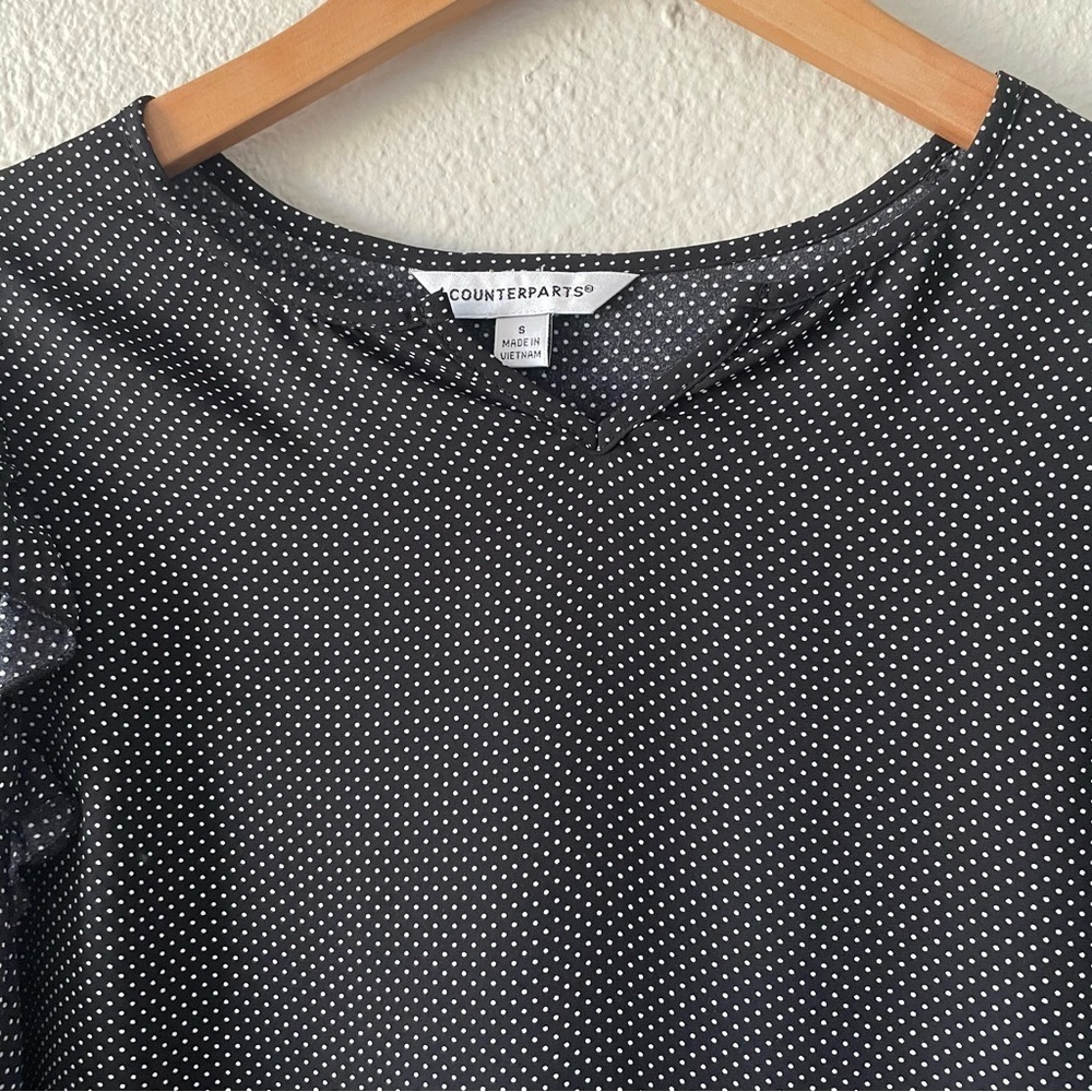 Counterparts Polka Dot Blouse Women’s S Black White Ruffle Corporate Office Chic - Picture 3 of 12